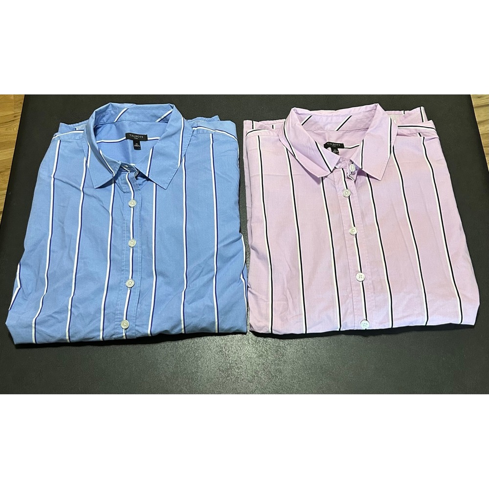 Talbots Boyfriend Button Up Shirt Bundle/2 Women 1X Blue Lavender Striped Cotton